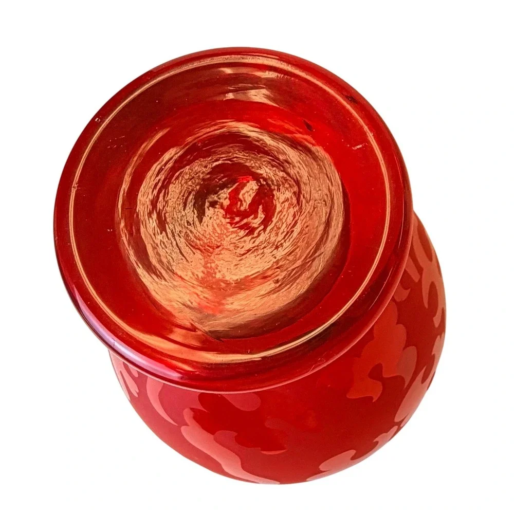 Vintage‎ Memphis Style Glass Vase Red Frosted Flame Etched 10x6x3 80s 90s Art